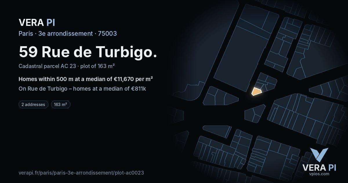 59 Rue de Turbigo, 3e arrondissement at night – the plot lit, the parcels around coloured by the prices near them