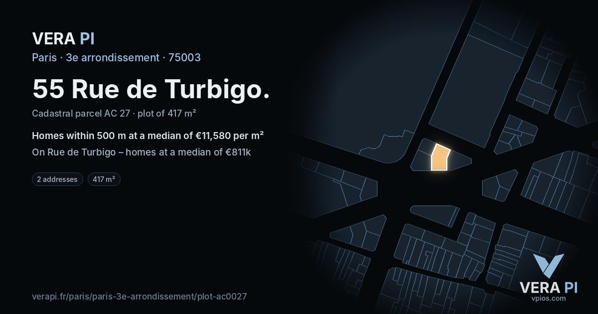 55 Rue de Turbigo, 3e arrondissement at night – the plot lit, the parcels around coloured by the prices near them