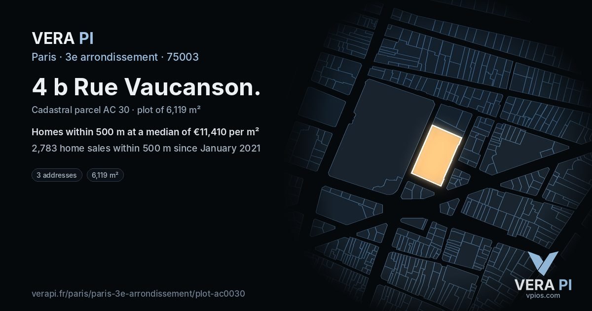 4 b Rue Vaucanson, 3e arrondissement at night – the plot lit, the parcels around coloured by the prices near them