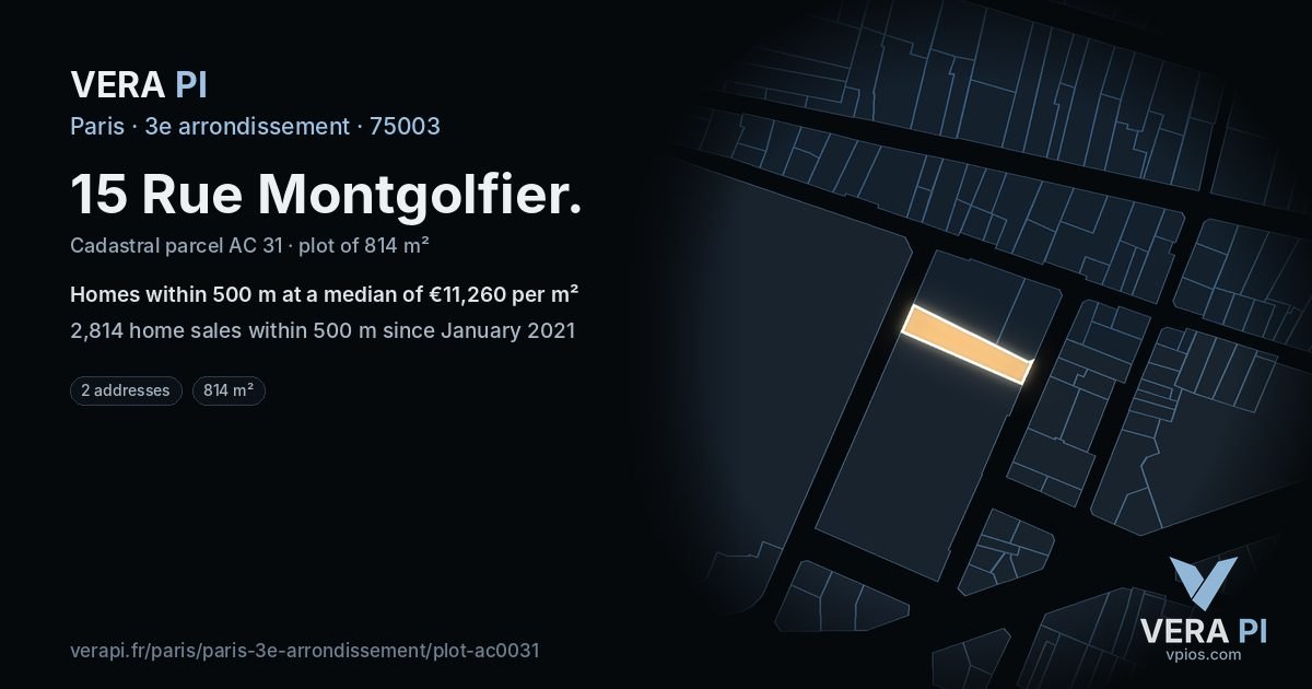15 Rue Montgolfier, 3e arrondissement at night – the plot lit, the parcels around coloured by the prices near them