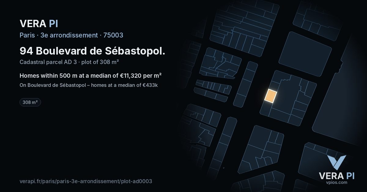 94 Boulevard de Sébastopol, 3e arrondissement at night – the plot lit, the parcels around coloured by the prices near them