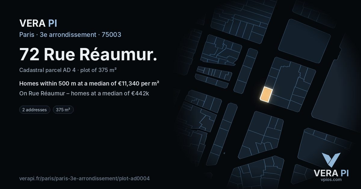 72 Rue Réaumur, 3e arrondissement at night – the plot lit, the parcels around coloured by the prices near them