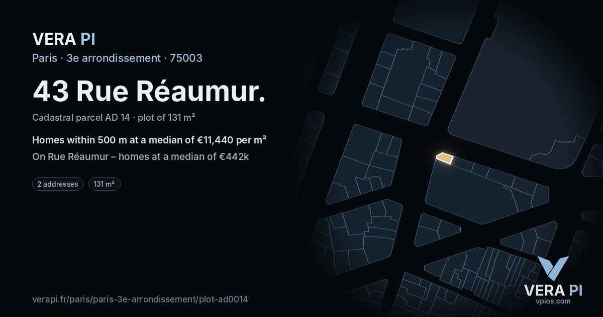 43 Rue Réaumur, 3e arrondissement at night – the plot lit, the parcels around coloured by the prices near them