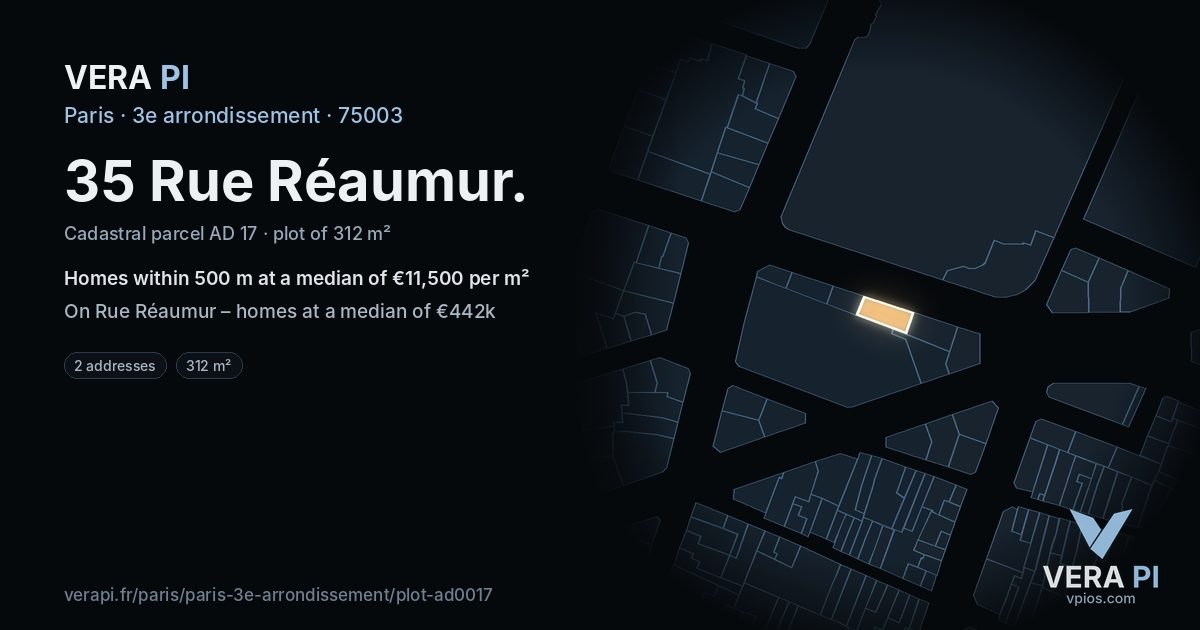 35 Rue Réaumur, 3e arrondissement at night – the plot lit, the parcels around coloured by the prices near them