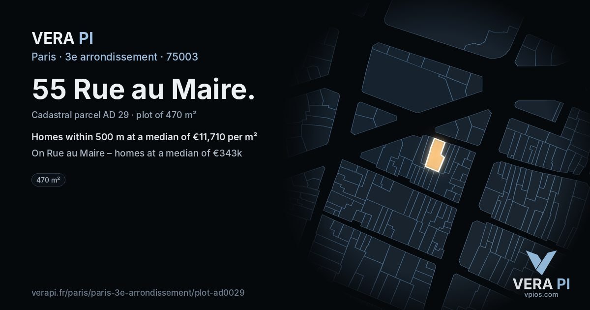 55 Rue au Maire, 3e arrondissement at night – the plot lit, the parcels around coloured by the prices near them