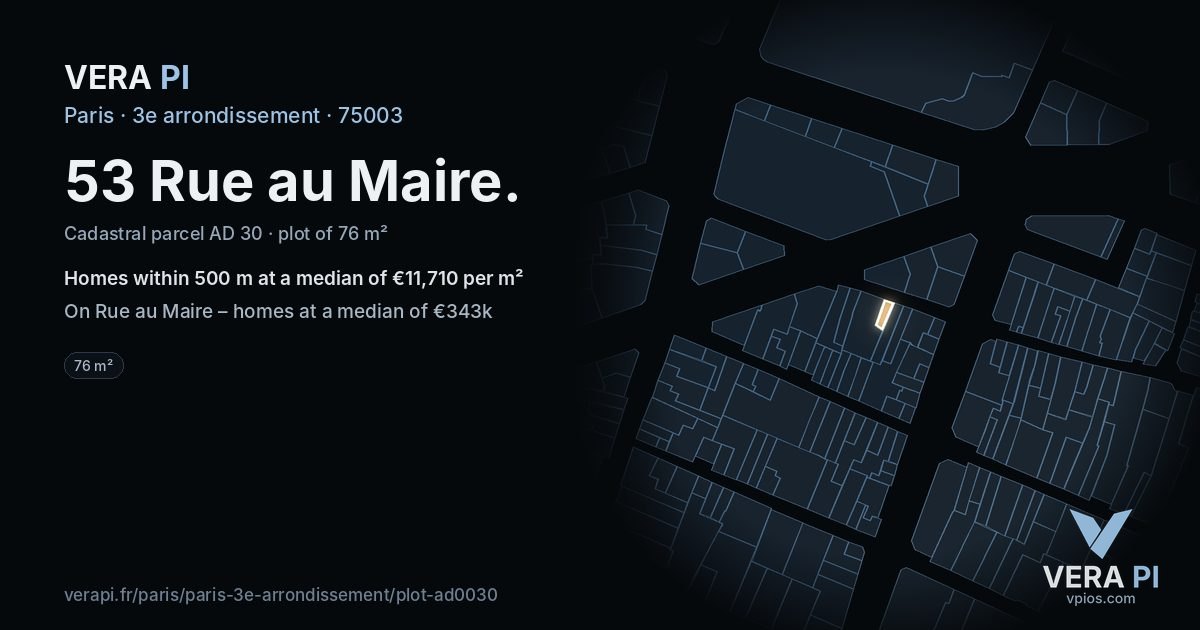 53 Rue au Maire, 3e arrondissement at night – the plot lit, the parcels around coloured by the prices near them