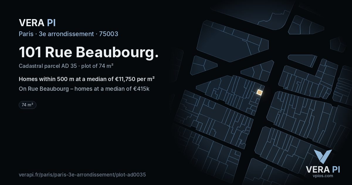 101 Rue Beaubourg, 3e arrondissement at night – the plot lit, the parcels around coloured by the prices near them