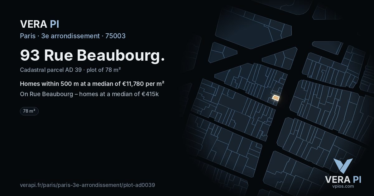 93 Rue Beaubourg, 3e arrondissement at night – the plot lit, the parcels around coloured by the prices near them