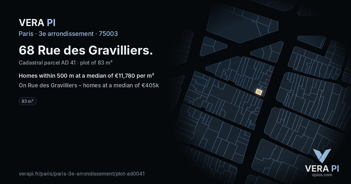 68 Rue des Gravilliers, 3e arrondissement at night – the plot lit, the parcels around coloured by the prices near them