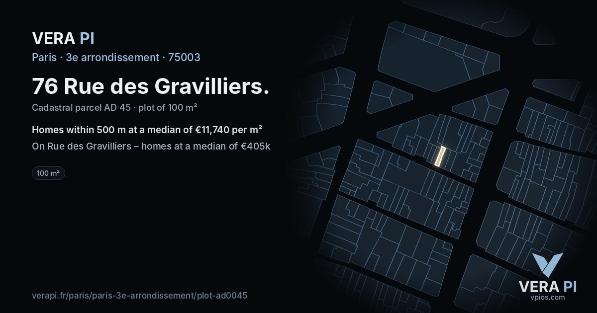 76 Rue des Gravilliers, 3e arrondissement at night – the plot lit, the parcels around coloured by the prices near them