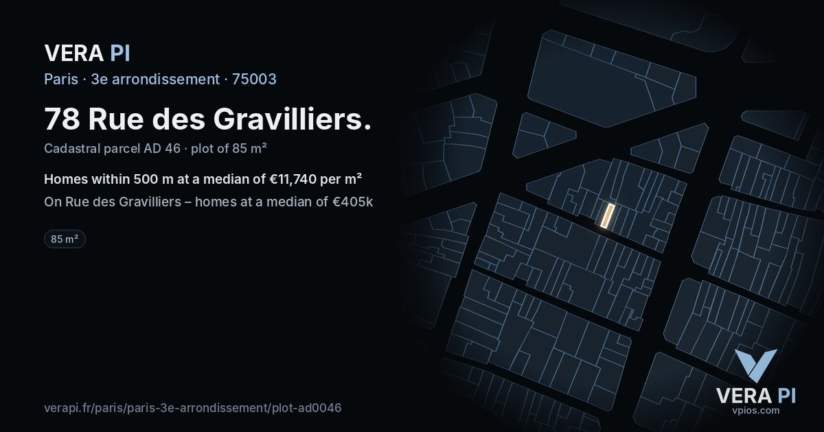 78 Rue des Gravilliers, 3e arrondissement at night – the plot lit, the parcels around coloured by the prices near them