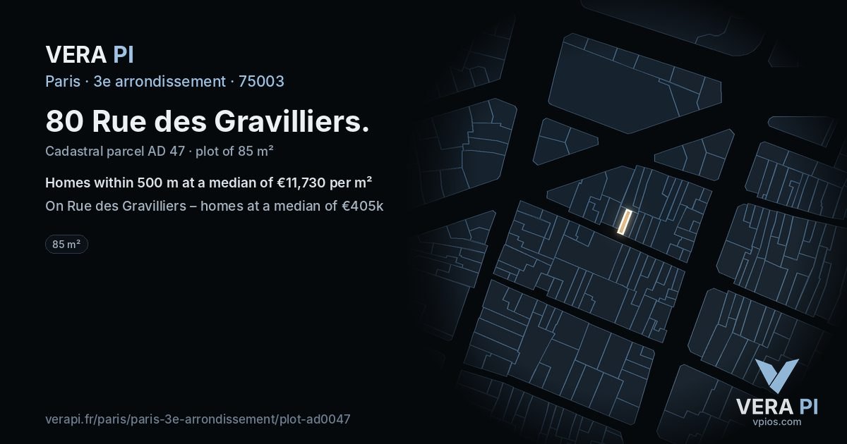 80 Rue des Gravilliers, 3e arrondissement at night – the plot lit, the parcels around coloured by the prices near them