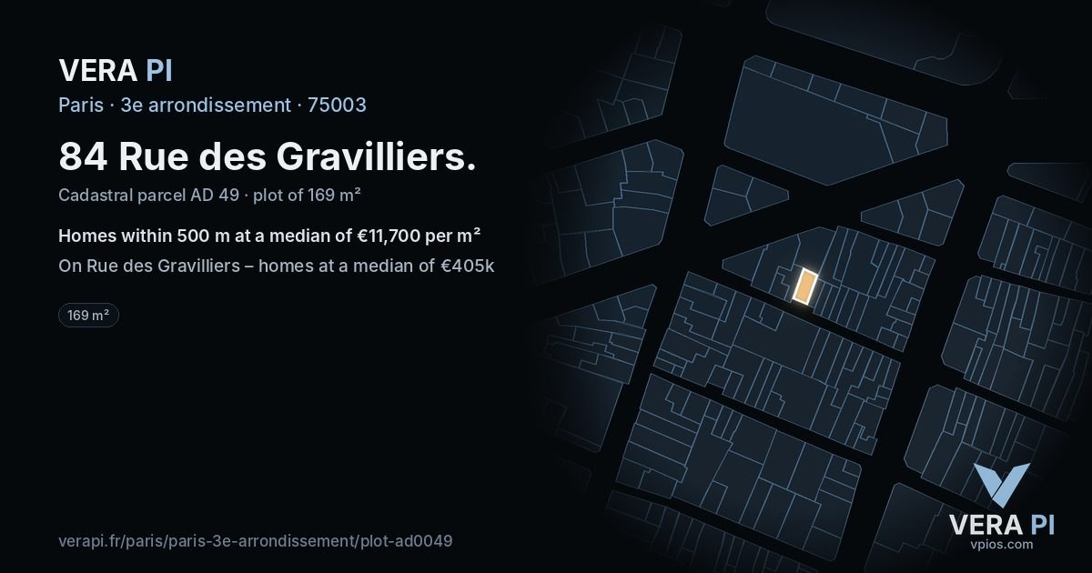 84 Rue des Gravilliers, 3e arrondissement at night – the plot lit, the parcels around coloured by the prices near them