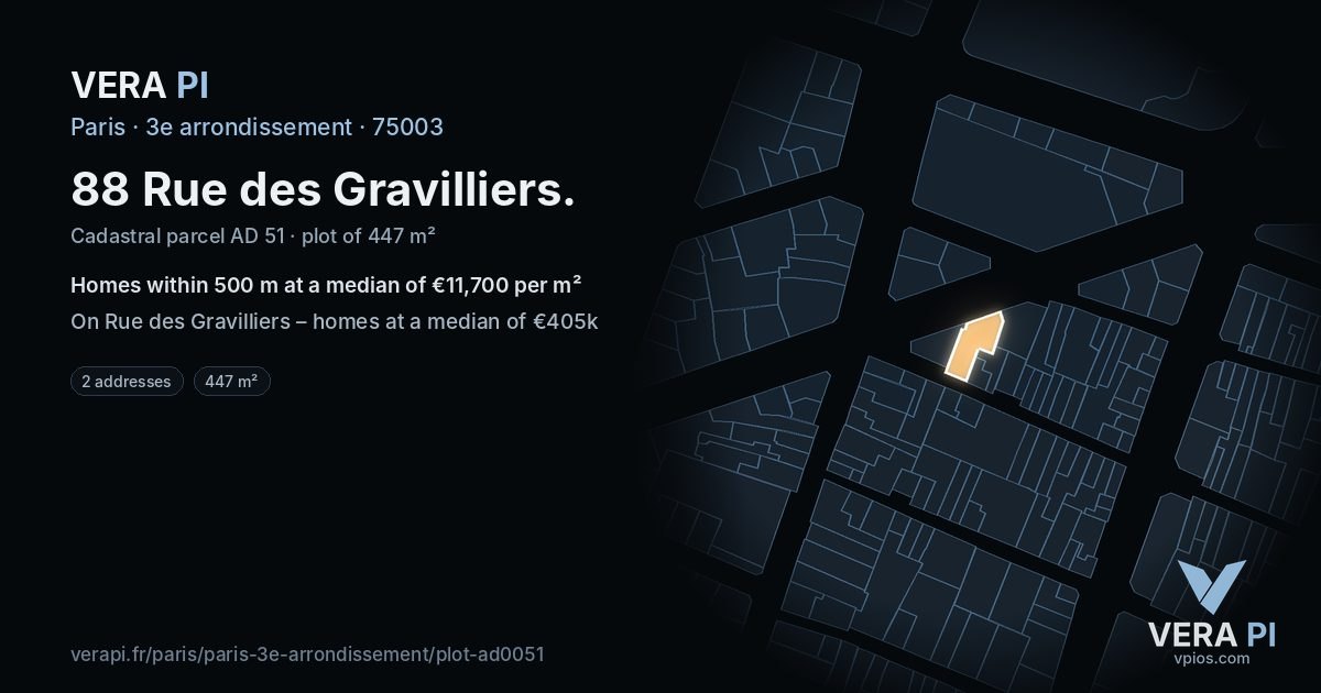 88 Rue des Gravilliers, 3e arrondissement at night – the plot lit, the parcels around coloured by the prices near them