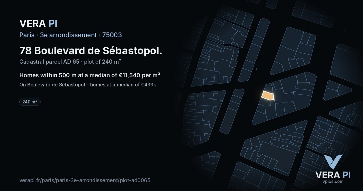 78 Boulevard de Sébastopol, 3e arrondissement at night – the plot lit, the parcels around coloured by the prices near them