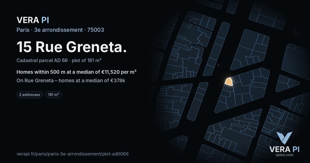 15 Rue Greneta, 3e arrondissement at night – the plot lit, the parcels around coloured by the prices near them