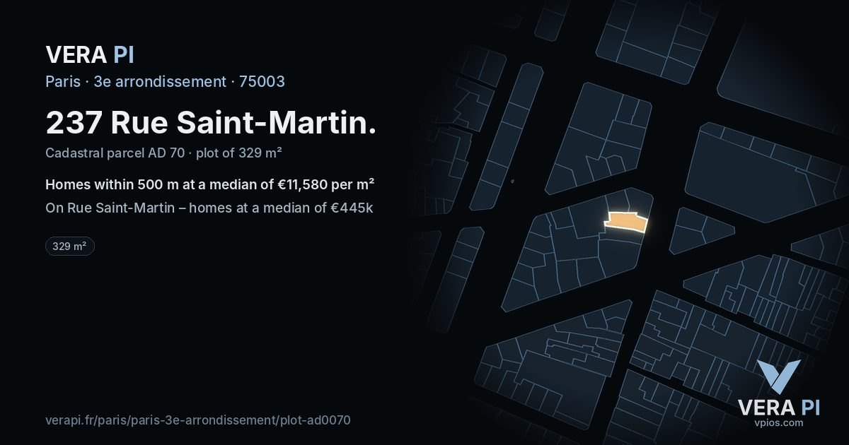 237 Rue Saint-Martin, 3e arrondissement at night – the plot lit, the parcels around coloured by the prices near them