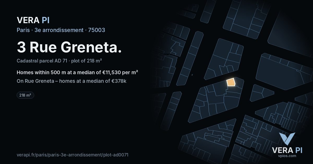 3 Rue Greneta, 3e arrondissement at night – the plot lit, the parcels around coloured by the prices near them