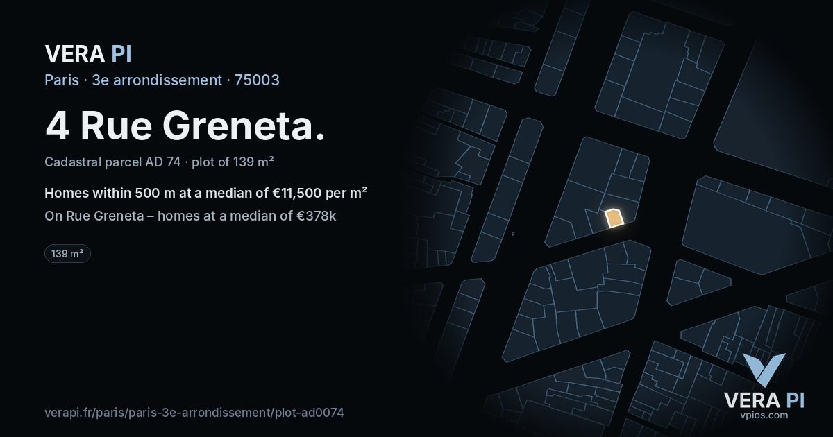 4 Rue Greneta, 3e arrondissement at night – the plot lit, the parcels around coloured by the prices near them