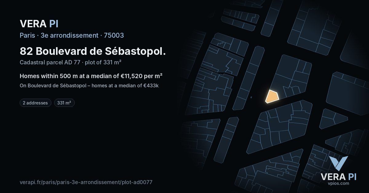 82 Boulevard de Sébastopol, 3e arrondissement at night – the plot lit, the parcels around coloured by the prices near them