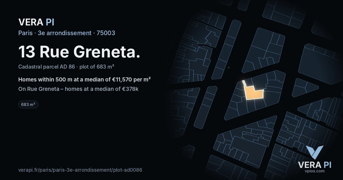 13 Rue Greneta, 3e arrondissement at night – the plot lit, the parcels around coloured by the prices near them