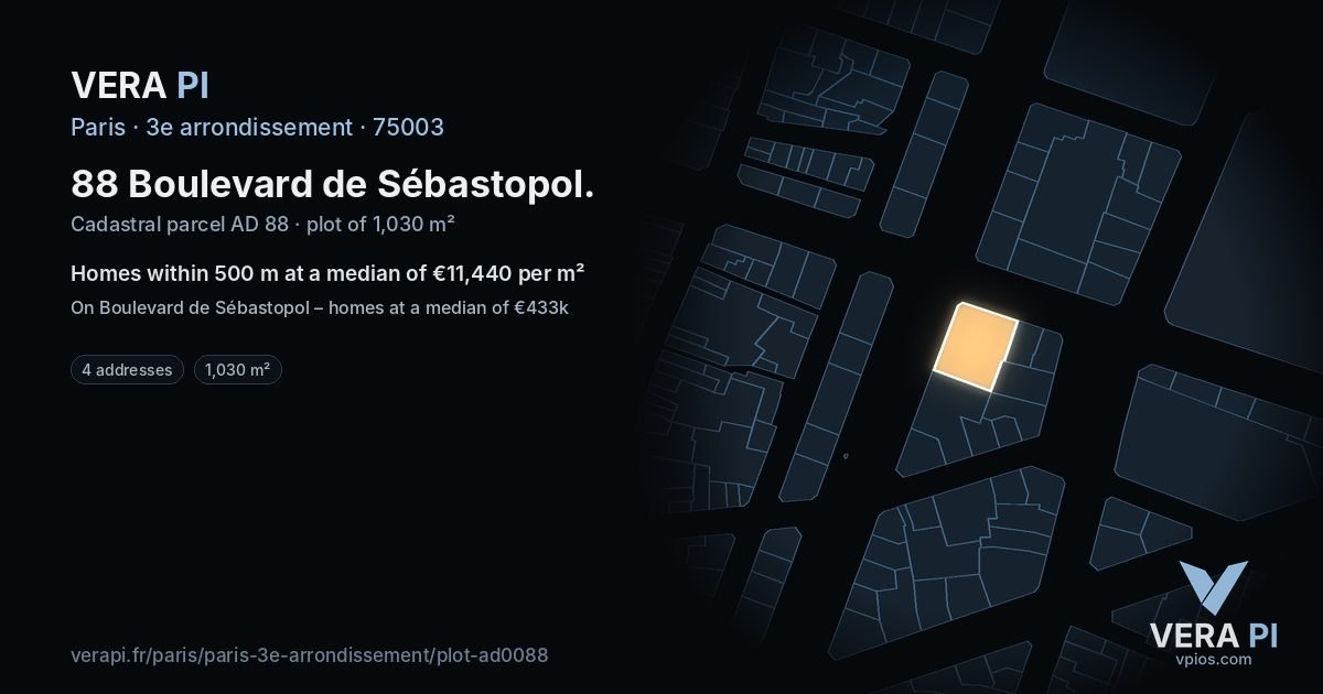 88 Boulevard de Sébastopol, 3e arrondissement at night – the plot lit, the parcels around coloured by the prices near them