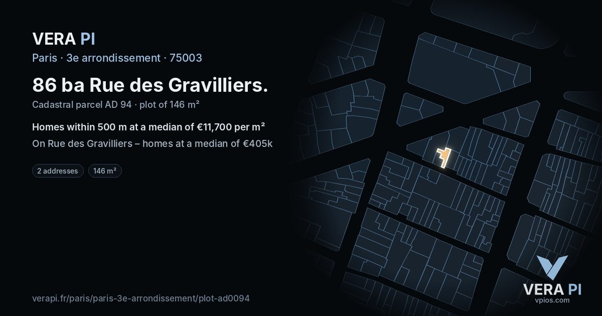 86 ba Rue des Gravilliers, 3e arrondissement at night – the plot lit, the parcels around coloured by the prices near them