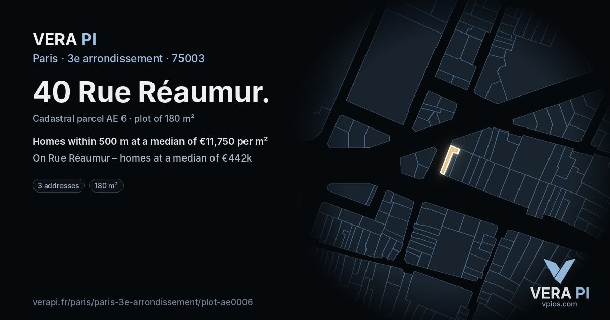 40 Rue Réaumur, 3e arrondissement at night – the plot lit, the parcels around coloured by the prices near them
