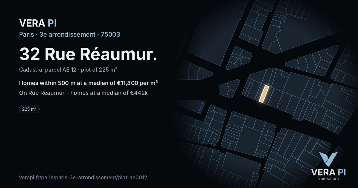 32 Rue Réaumur, 3e arrondissement at night – the plot lit, the parcels around coloured by the prices near them