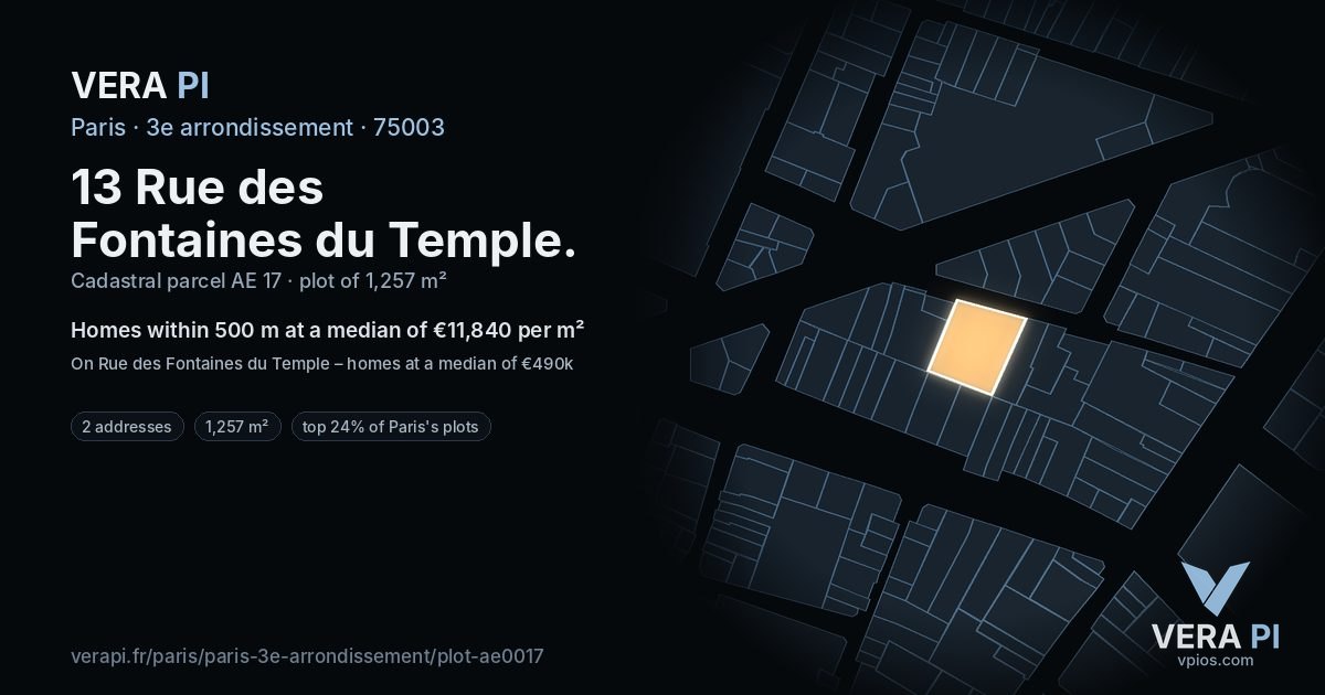 13 Rue des Fontaines du Temple, 3e arrondissement at night – the plot lit, the parcels around coloured by the prices near them