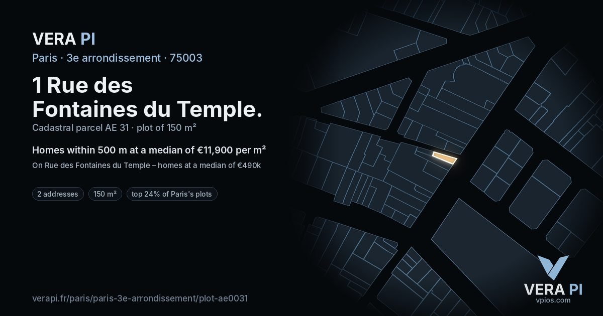 1 Rue des Fontaines du Temple, 3e arrondissement at night – the plot lit, the parcels around coloured by the prices near them