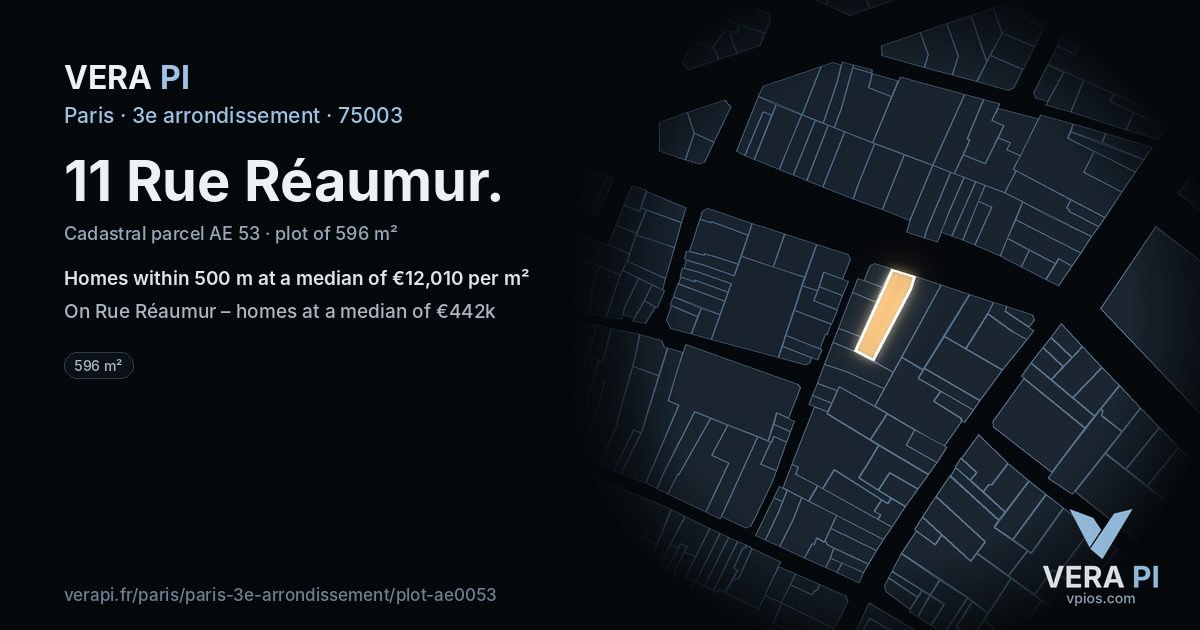 11 Rue Réaumur, 3e arrondissement at night – the plot lit, the parcels around coloured by the prices near them