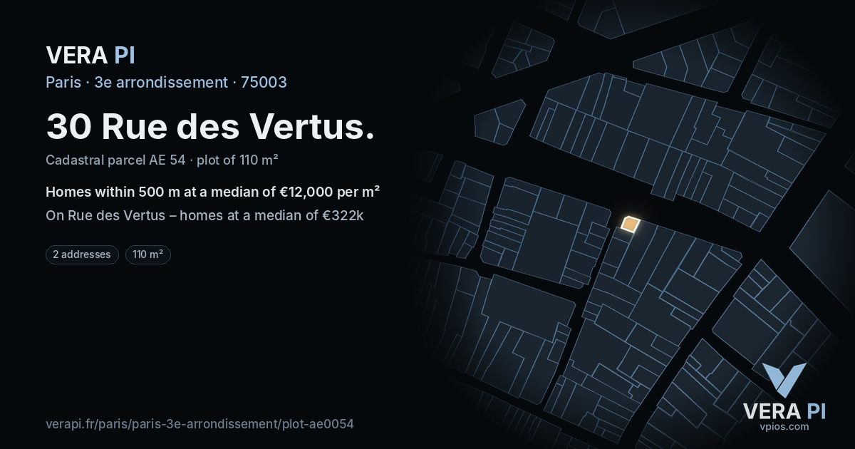 30 Rue des Vertus, 3e arrondissement at night – the plot lit, the parcels around coloured by the prices near them