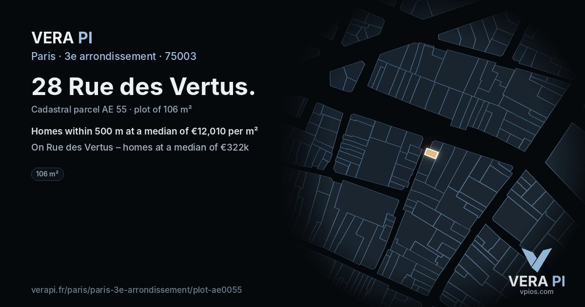 28 Rue des Vertus, 3e arrondissement at night – the plot lit, the parcels around coloured by the prices near them