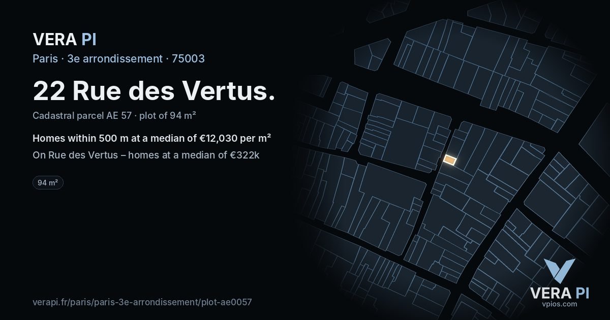22 Rue des Vertus, 3e arrondissement at night – the plot lit, the parcels around coloured by the prices near them
