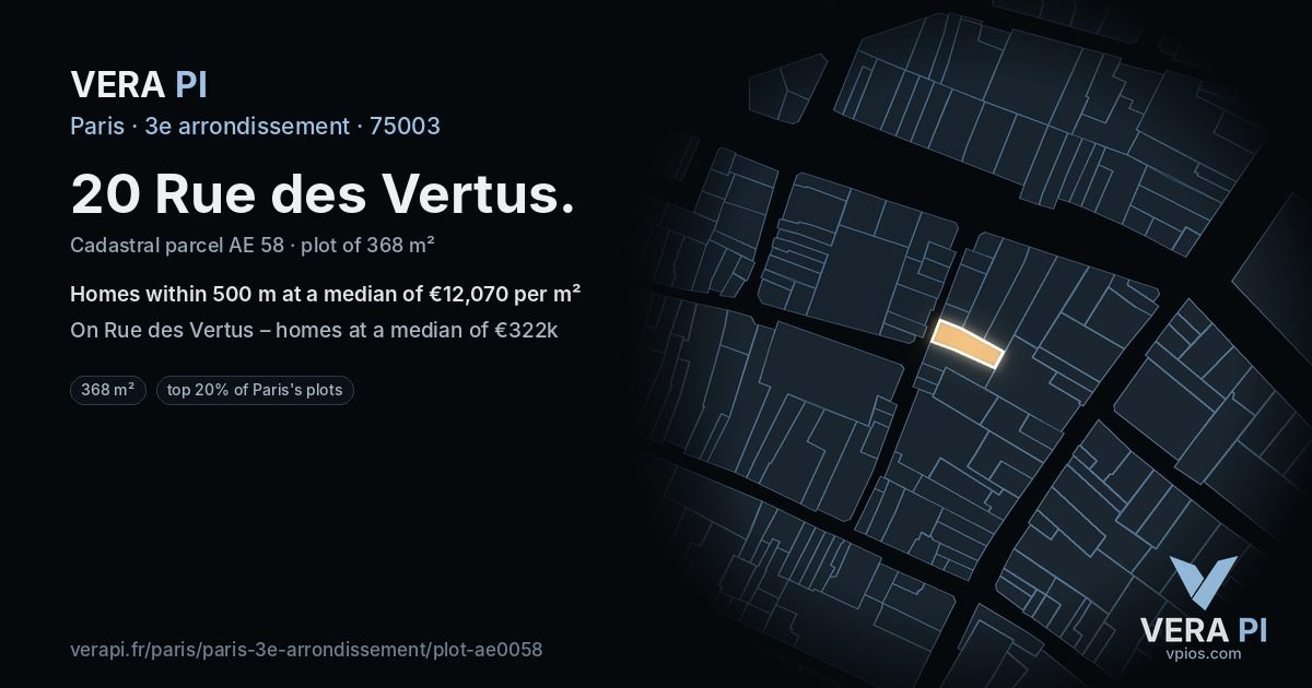 20 Rue des Vertus, 3e arrondissement at night – the plot lit, the parcels around coloured by the prices near them