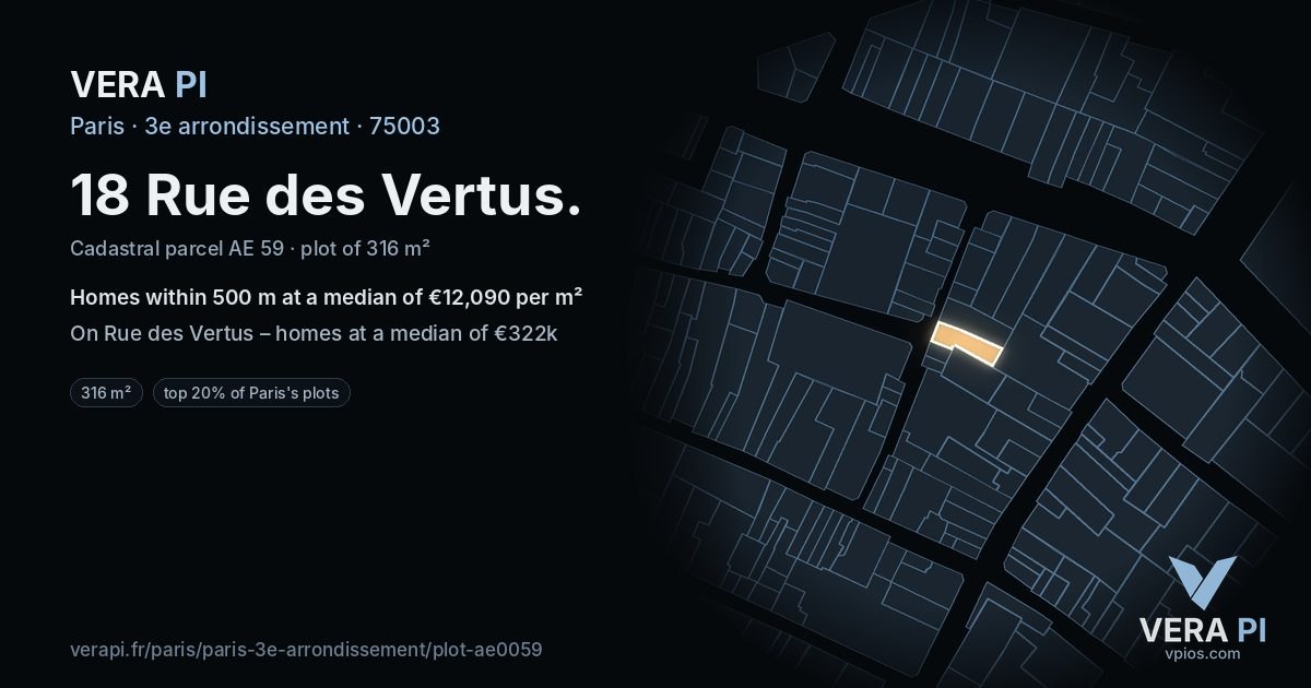 18 Rue des Vertus, 3e arrondissement at night – the plot lit, the parcels around coloured by the prices near them