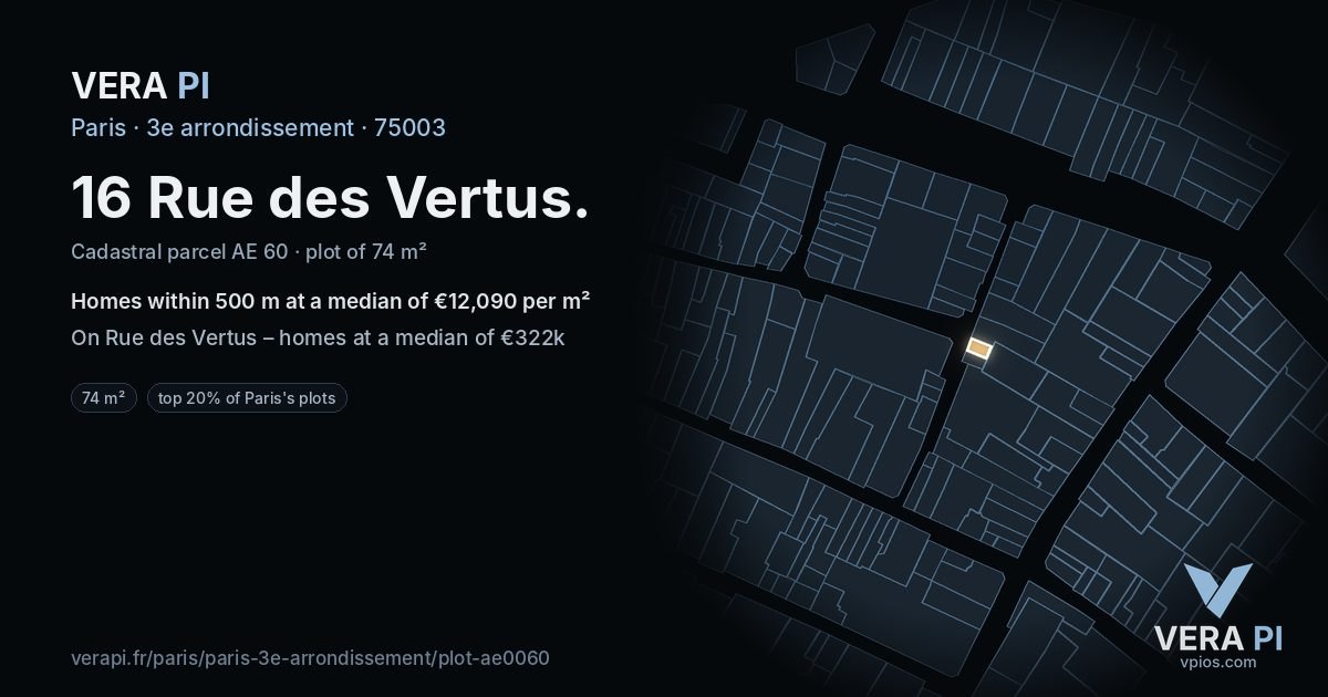 16 Rue des Vertus, 3e arrondissement at night – the plot lit, the parcels around coloured by the prices near them