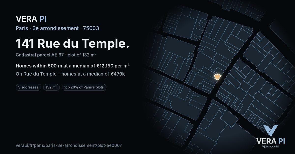 141 Rue du Temple, 3e arrondissement at night – the plot lit, the parcels around coloured by the prices near them