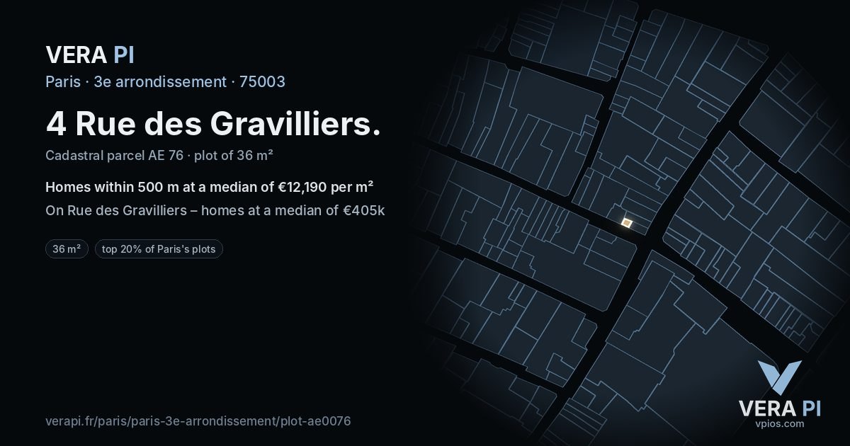 4 Rue des Gravilliers, 3e arrondissement at night – the plot lit, the parcels around coloured by the prices near them