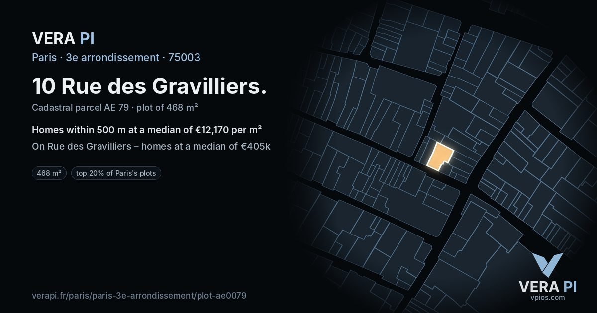 10 Rue des Gravilliers, 3e arrondissement at night – the plot lit, the parcels around coloured by the prices near them