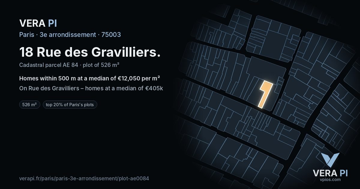 18 Rue des Gravilliers, 3e arrondissement at night – the plot lit, the parcels around coloured by the prices near them