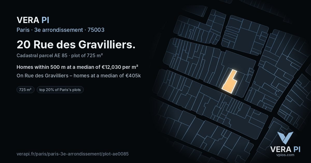 20 Rue des Gravilliers, 3e arrondissement at night – the plot lit, the parcels around coloured by the prices near them