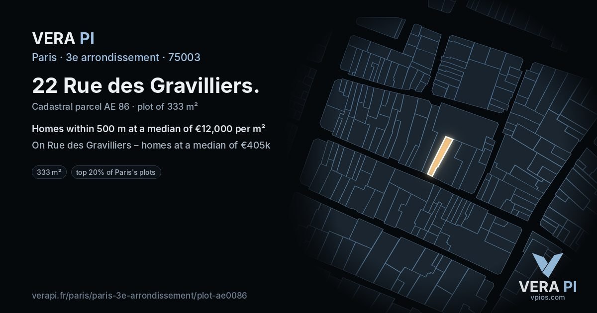 22 Rue des Gravilliers, 3e arrondissement at night – the plot lit, the parcels around coloured by the prices near them