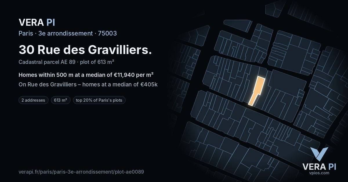30 Rue des Gravilliers, 3e arrondissement at night – the plot lit, the parcels around coloured by the prices near them