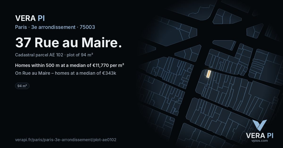 37 Rue au Maire, 3e arrondissement at night – the plot lit, the parcels around coloured by the prices near them