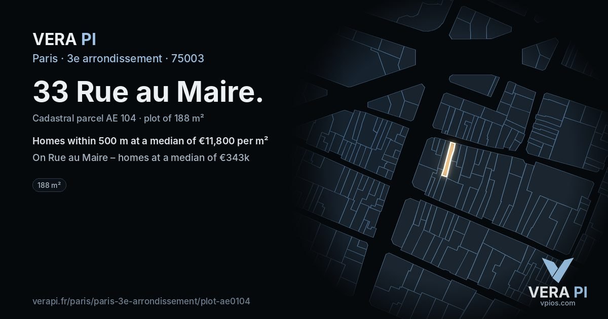33 Rue au Maire, 3e arrondissement at night – the plot lit, the parcels around coloured by the prices near them