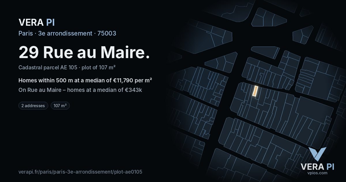 29 Rue au Maire, 3e arrondissement at night – the plot lit, the parcels around coloured by the prices near them