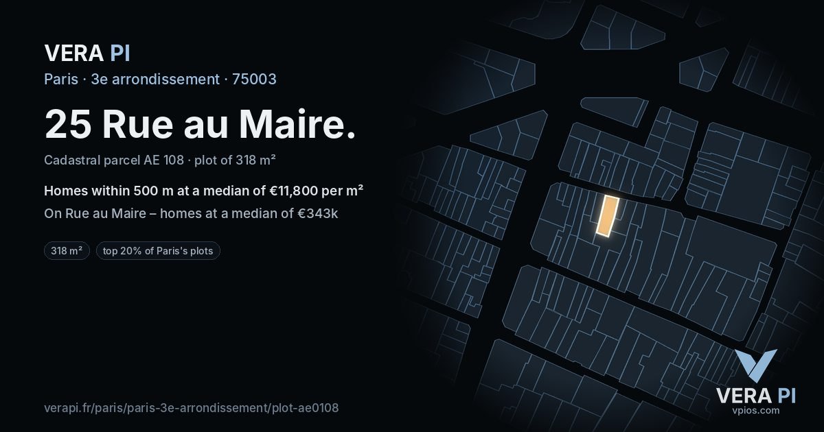 25 Rue au Maire, 3e arrondissement at night – the plot lit, the parcels around coloured by the prices near them