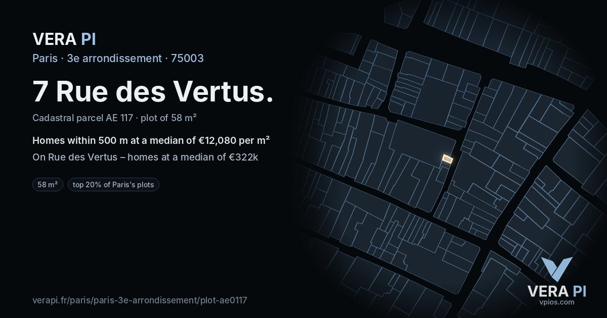 7 Rue des Vertus, 3e arrondissement at night – the plot lit, the parcels around coloured by the prices near them